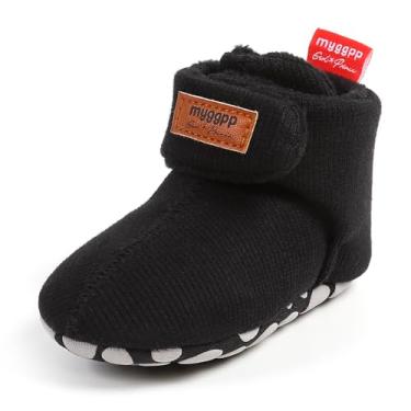 Imagem de FAMI Botas de algodão unissex para recém-nascidos, sola antiderrapante para bebês, meninos, meninas, para o inverno, quente, de lã, meias aconchegantes, Preto, 0-6 meses
