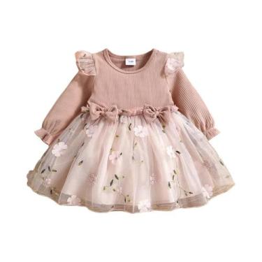 Imagem de Vestido De Malha Rosa Com Bordado Floral Para Bebê Menina Com Laço, Ro