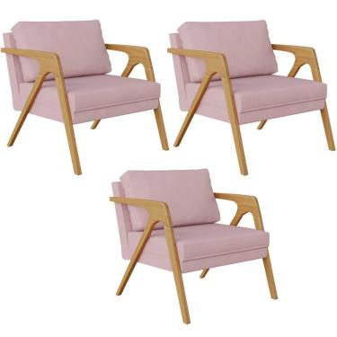 Imagem de Kit 03 Poltronas Pietra Estrutura De Madeira L02 Suede Rosê
