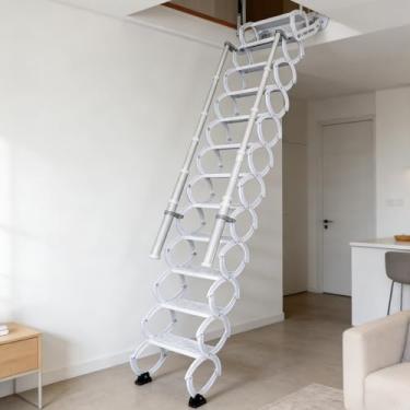 Imagem de Escadas dobráveis montadas na parede de 12 degraus para sótão, sistema de puxar escada no sótão com corrimão retrátil e haste de puxar, degraus antiderrapantes, escadas no sótão para casa (branco, 2,8