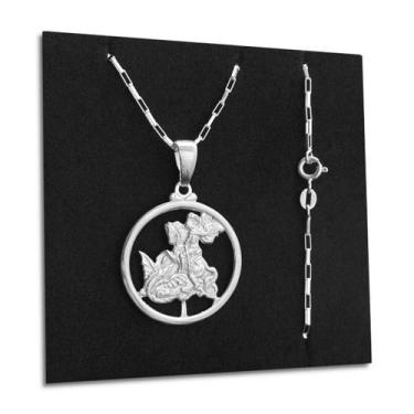 Imagem de Corrente Tijolinho com Pingente Medalha São Jorge Prata 925 Legítima M
