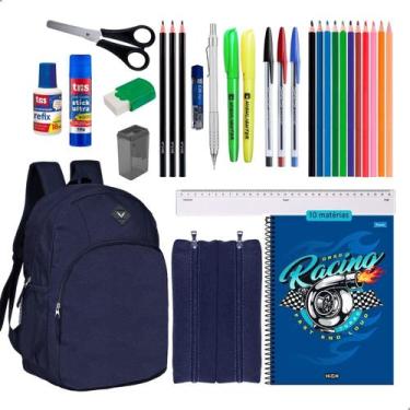 Imagem de Kit Material Escolar Mochila Caderno Estojo Completo - Azul - Darujo, 