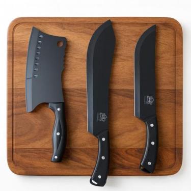 Imagem de Kit Facas Churrasco Profissional Caça 3 Peças Lâmina Black Inox Premiu