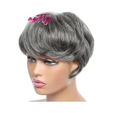 Imagem de Peruca Pixie Cinza Com Franja, Curta, Ombre, Ondulada Natural, Cabelo 