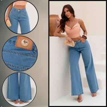 Imagem de Calça Wide Leg Jeans Feminina Cintura Alta Premium Confortável Modelag