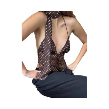 Imagem de Camisetas Femininas Slim Fit Com Gola Halter, Sem Mangas, Com Estampa 