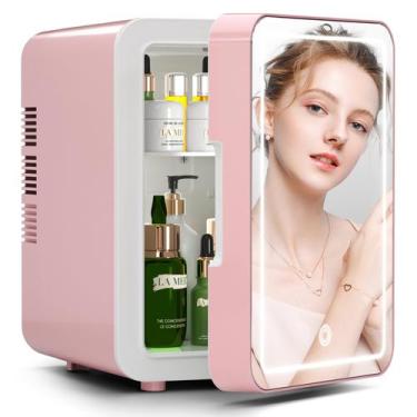 Imagem de Mini Geladeira Portátil BOGDA 4L - 6 Latas, com Espelho e Luz LED Rosa