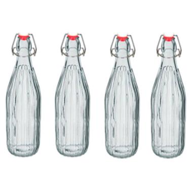 Imagem de KIT 4 GARRAFAS ÁGUA SUCO LEITE HOME&CO COM TRAVA NA TAMPA VIDRO 1L 32x8x8cm TRANSPARENTE