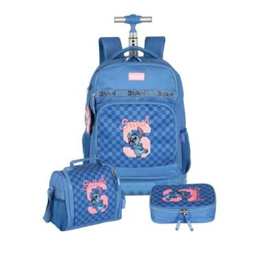 Imagem de Kit Mochila Stitch Rodinhas Lancheira E Estojo Box Passeio Cor:Azul - 