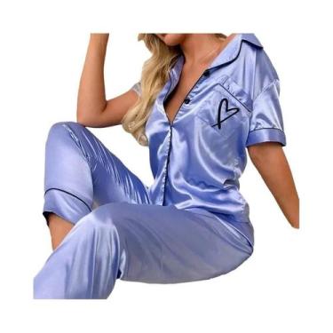 Imagem de Conjunto de Pijama Feminino de Cetim - Manga Curta, Botões, Bolso e Bo