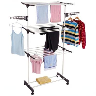 Imagem de Varal De Chão 3 Andares Grande de Roupas Dobrável Regulável Retrátil com Rodinhas e Ganchos Compacto (PRETO)