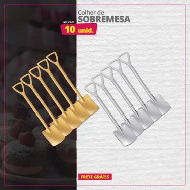 Imagem de Kit 10 Colheres de Sobremesa Inox Pá Quadrada - Genérica, Dourado e Pr