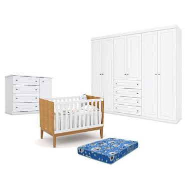 Imagem de Kit Quarto de Bebê Berço Americano Unique MDF Colchão Incluso Freijó e Branco Soft Matic Móveis