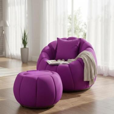 Imagem de Kit Poltrona + Puff Concha + Almofada Veludo Roxo - Mazzero Decor