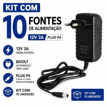 Imagem de Kit 10 Fontes 12V 3A Bivolt Plug P4 Para Câmera E LED - X7, Bivolt
