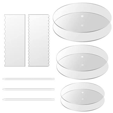 Imagem de Boyun Conjunto de disco de bolo redondo de acrílico, conjunto de discos de bolo de acrílico, raspadores de pente, hastes de cavilha, raspador de gelo, raspador de acrílico mais suave para bolos de 3 camadas