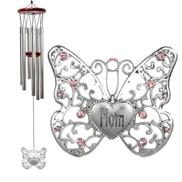 Imagem de BANBERRY DESIGNS Mom Butterfly Wind Chimes - Wood Windchime with Silver Filigree Mom Butterfly Pink Rhinestones in The Wings - Approx. 37 Inches Long - Indoor Outdoor Chimes Butterflies Mother