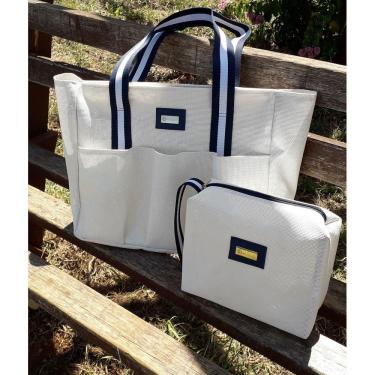 Imagem de Kit Bolsa De Praia Em Tela Com Alças Listradas Dalulus - Branca