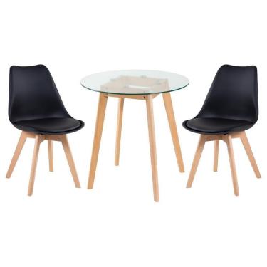 Imagem de Mesa Redonda Com Tampo De Vidro 70cm + 2 Cadeiras Leda Preta