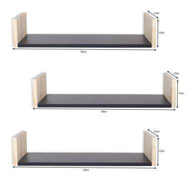 Imagem de Kit 3 Prateleiras Decoração Sala Madeira Pinus E Preto 60Cm