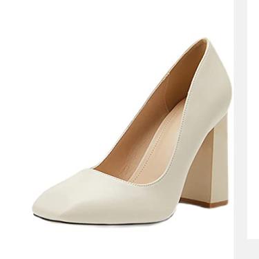 Imagem de Sapatos de salto alto para mulheres, sapatos de bico quadrado salto alto feminino bico fechado casamento vestido de escritório sapatos sandálias sapatos de festa, bege, 36 EU/5 US