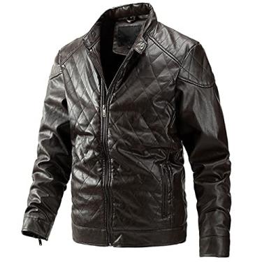 Imagem de Jaqueta masculina bomber falso com zíper Commuter premium PU motocicleta lapela jaqueta à prova de vento casaco de couro impermeável outono, marrom, G (175 cm/68 kg)