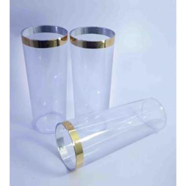 Imagem de Kit 50 Copos Long Drink Plastico Rigido 350 Ml. Cristal Transparente C/ Borda Dourada