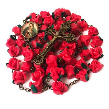 Imagem de Rosário de jardim de rosas vermelhas Nossa Senhora de Guadalupe - Rosário católico para mulheres - Presente católico - Crucifixo de bronze antigo