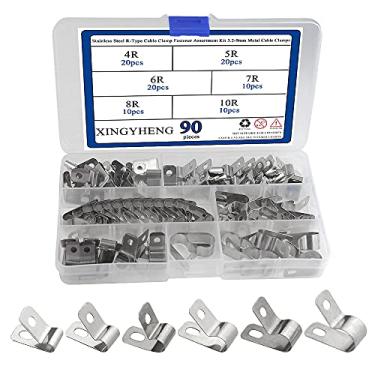 Imagem de XINGYHENG 90 peças de aço inoxidável tipo R conjunto de fixadores de cabo de 3,2-9 mm grampos de cabo de metal para tubo de fio plástico clipe de fio fixador gerenciamento de fios