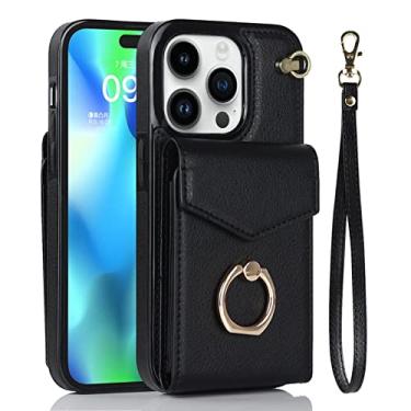 Imagem de DENSUL Capa carteira para iPhone 14/14 Pro/14 Max/14 Pro Max, suporte de cartão flip de couro, anel de metal giratório e pulseira longa removível à prova de choque capa interna de TPU, preta, 14 Plus 6,7 polegadas