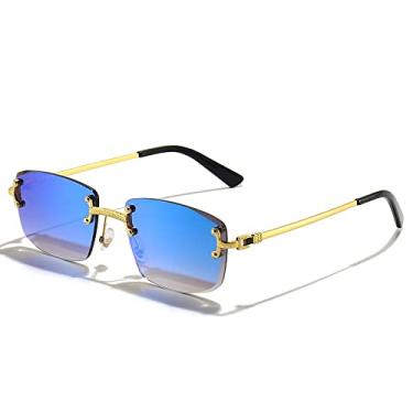Imagem de Óculos de Sol Quadrado Sem Aro Masculino Feminino UV400 Óculos de Sol Gradiente Pequeno Sem Armação para Homens Óculos de Metal, C05 Ouro Azul Espelho, Tamanho Único