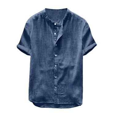 Imagem de Blusa masculina colorida com manga, retrô, de linho, algodão, larga, cor sólida, camisa social masculina (azul-marinho, G), Azul marino, G
