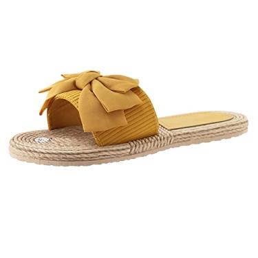Imagem de Chinelos Boho para mulheres senhoras chinelos de dedo aberto laço laço verão boêmio sandálias sapatos casuais masculinos tamanho slide, Amarelo, 7.5