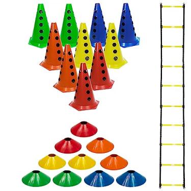 Imagem de 10 Cones Furados + 10 Pratos Demarcatório + Escada Funcional Ajustável