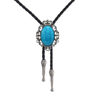 Imagem de AZORA Western Cowboy Bolo Gravata masculina de couro com pingente de corda e pingente de joia trançada para homens, meninos e meninas, BL034-CROWN TURQUESA PRATA, adjuatable