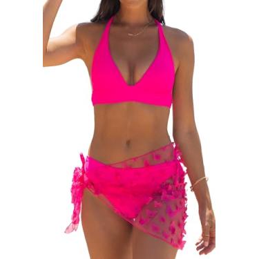 Imagem de Beachsissi Biquíni feminino de 3 peças, frente única, conjunto de biquíni com borboleta, sarongue, cor lisa, lindo conjunto de biquíni, Rosa escuro, P