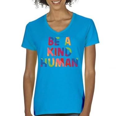 Imagem de Camiseta feminina Be a Kind Human Puff Print com decote em V mensagem positiva citação inspiradora motivação diversidade camiseta encorajadora, Turquesa, XXG