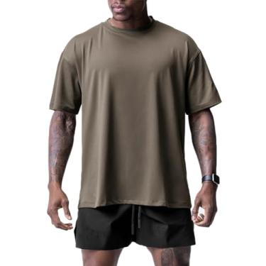 Imagem de Pzgwan camisa de natação para homens correndo pescoço redondo rash guard manga curta quick dry surf pesca t shirt,Dark brown,M