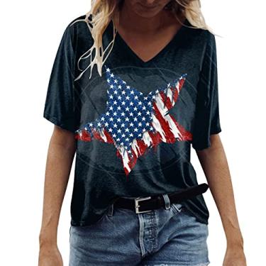 Imagem de Camisetas femininas 4th of July Stars Stripes Memorial Day Gift Camiseta gola V Casual Funny Graphic EUA Bandeira Patriótica Tops, Azul escuro, G