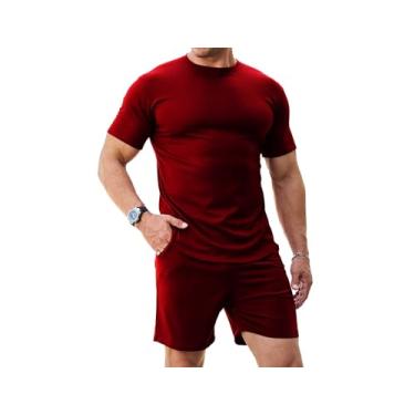 Imagem de Uni Clau Conjunto de 2 peças masculinas, conjunto de camisetas de manga curta com cordão, conjunto de agasalho atlético para jogging, Caqui, GG