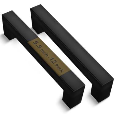 Imagem de Pacote com 12 puxadores quadrados pretos foscos para armários de cozinha de 12 cm, puxadores de aço inoxidável para armários de cozinha, gaveta, porta, armário, ferragens modernas decorativas para armários compatíveis com diferentes estilos de armário