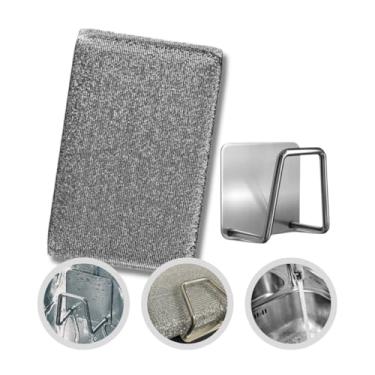 Imagem de Gancho Adesivo em Aço Inox Para Porta Bucha Pia Cozinha + Esponja de Limpeza Prateada Multiuso em Poliéster Para Lavar Louças Sem Riscar