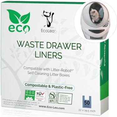 Imagem de EcoLeo Forros, compatíveis com gaveta automática de lixo de caixa de areia de robô, compostagem certificada, sacos de lixo sem plástico com alças para caixas de areia autolimpantes (50 unidades)