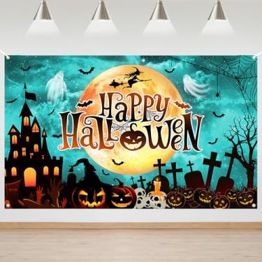 Imagem de Mocsicka Pano de fundo Happy Halloween, faixa de abóbora, lua, bruxa, fantasma, castelo assustador, decorações de festa de aniversário de Halloween (azul)