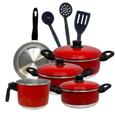 Imagem de Conjunto de Panelas 8 Peças Vermelhas | Com Utensílios de Cozinha, Caçarolas com Tampa, Frigideira e Leiteira
