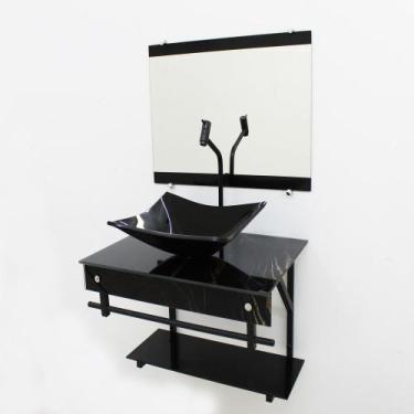 Imagem de Gabinete de vidro 60cm apx com cuba retangular - mármore preto - Cubas