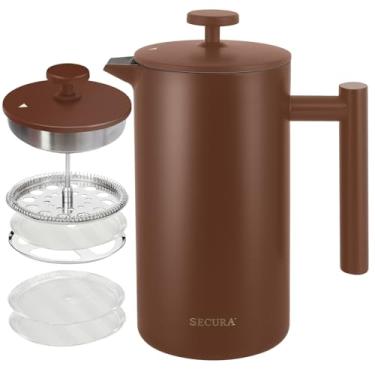 Imagem de Secura Cafeteira French Press, prensa de café isolada de aço inoxidável de grau 304 com 2 telas extras, 1 litro, café