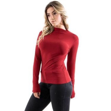 Imagem de Blusa Manga Longa Canelada Vermelha - DILUXO, G, Feminino, Vermelho