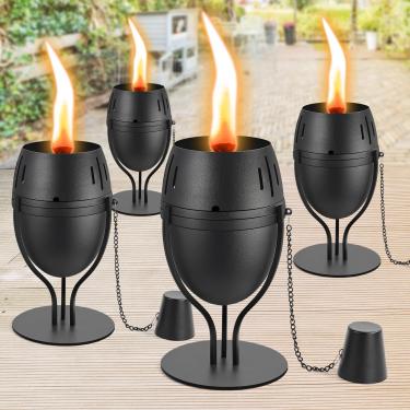 Imagem de FAN-Torches Pacote com 4 tochas de metal para mesa, tochas de citronela de 400 ml para o exterior, lanterna de luz de chama recarregável, lanterna decorativa de mesa para quintal, pátio, deck, jardim, festa, paisagem