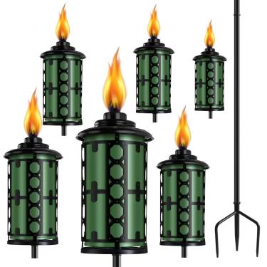 Imagem de FAN-Torches Maçarico de jardim doméstico de 473 g, pacote com 6 tochas de metal para decoração de jardim, tochas de citronela atualizadas de 140 cm com estaca aterrada de 3 pinos, tochas de metal leves para caminho de festa e pátio